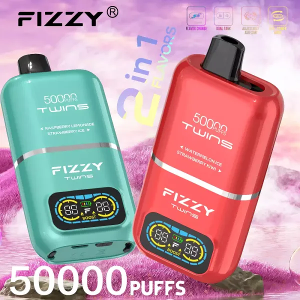 dual tank vape technology, double vaping, dwa zbiorniki e-papieros, innowacje jednorazówki 2025, e-papieros dwa smaki - Fizzy Twins 50000 Puffs Dual Tank Double Flavor 12 Colors 2% 5 ...