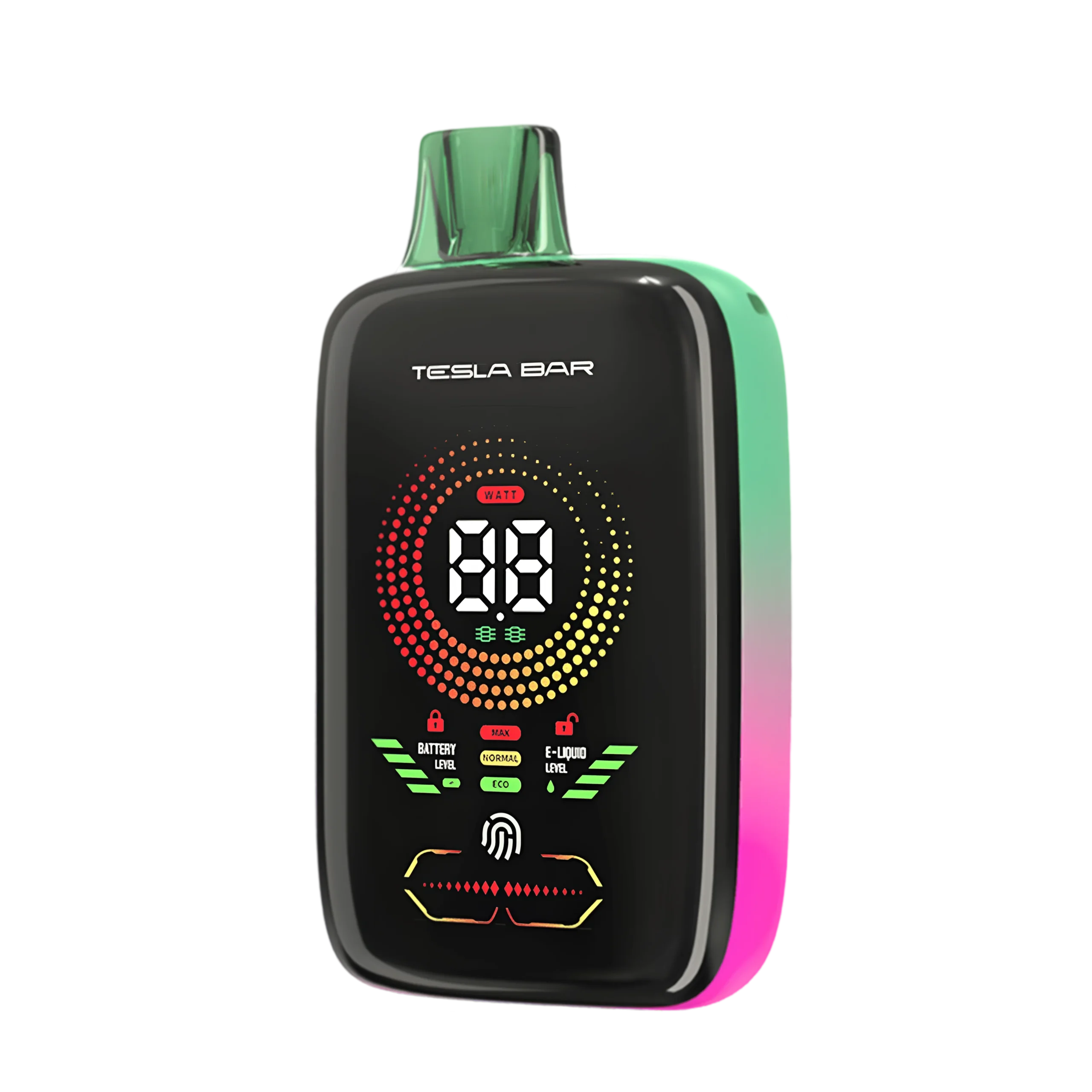 Nowoczesny e-papieros z ekranem i podświetleniem RGB, o futurystycznym designie, nawiązujący do samochodów Tesla, symbolizujący preferencje mężczyzn.