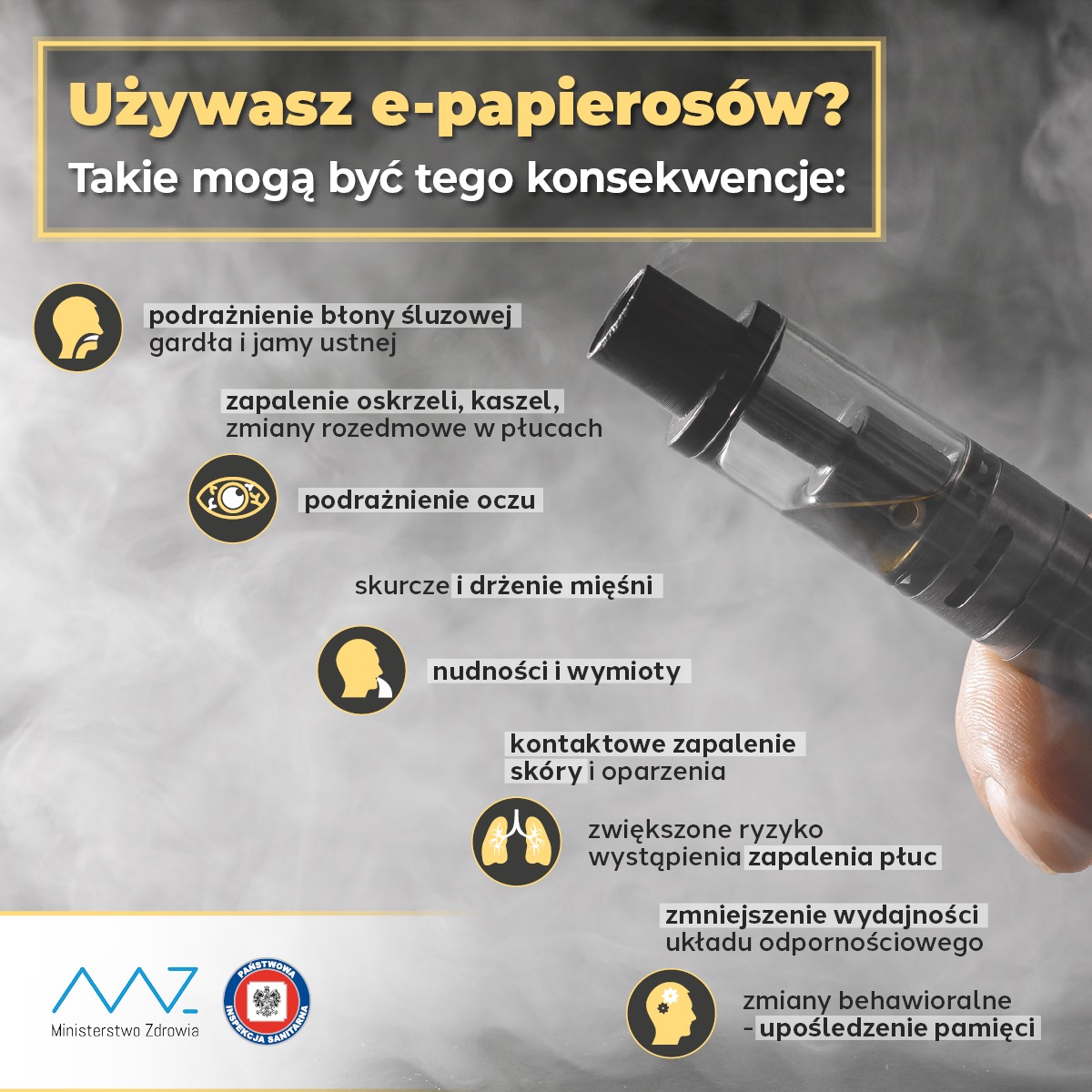 Aerozol e-papierosa, chemia e-papieros, fałszywa para wodna, e-liquid skład, zagrożenie chemiczne, piktogramy zagrożeń - E-papierosy też są złe - Powiatowa Stacja Sanitarno ...