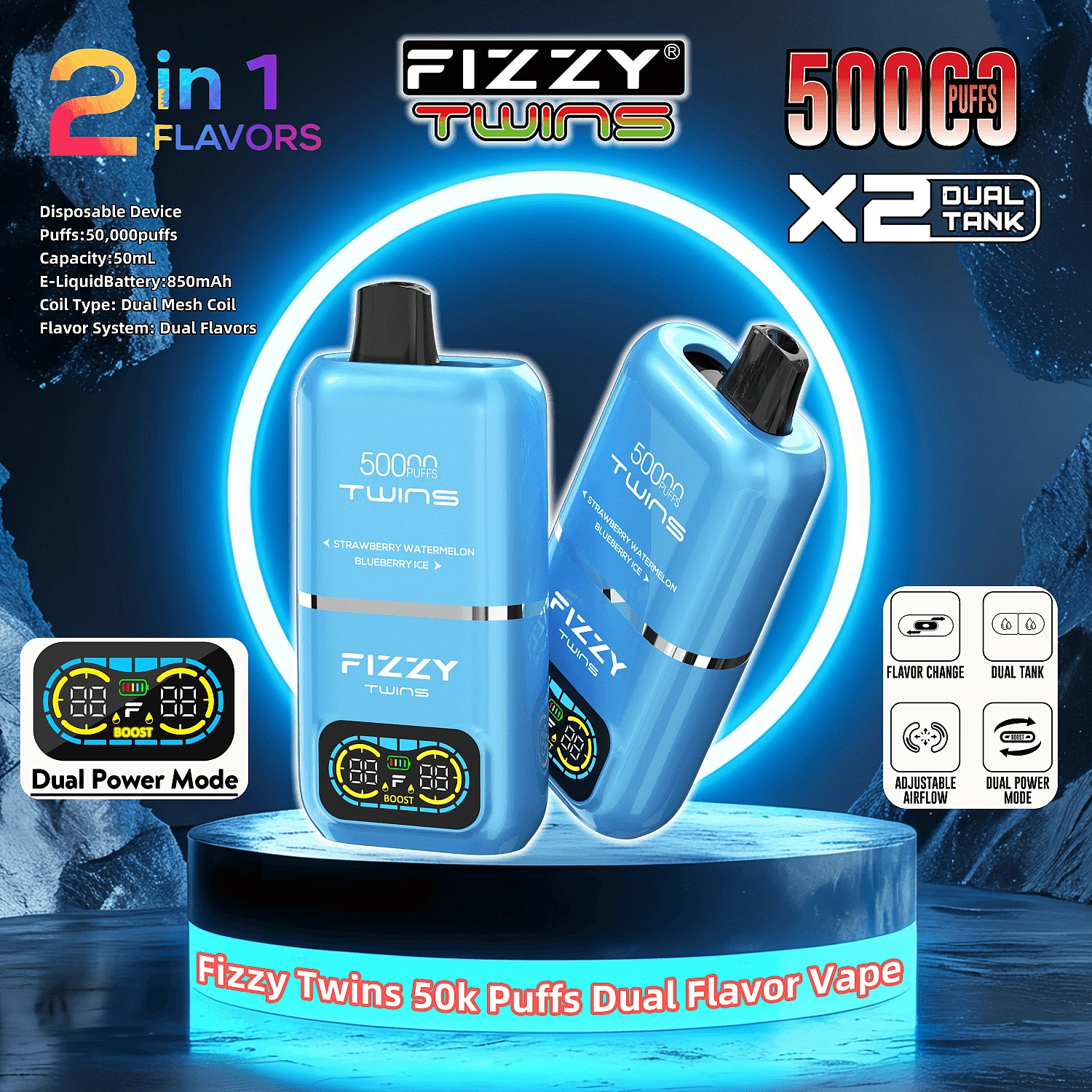 Fizzy Twins 50000 przełącznik smaku, dwa zbiorniki liquidu vape, mechanizm zmiany smaku e-papierosa - Fizzy Twins 50000 50 tys. zaciągnięć, podwójne smaki, jednorazowy ...