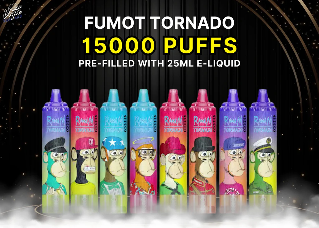 Fumot Tornado 15000 produkt, jednorazowy e-papieros RGB, kultowy vape małpa, futurystyczna recenzja - Fumot Tornado 15000 Disposable Vape UK - Shop Now