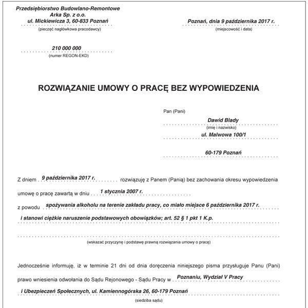zwolnienie dyscyplinarne, pracownik drzwi, kara za wapowanie praca, art 52 KP - Oświadczenie pracodawcy o rozwiązaniu umowy o pracę bez ...