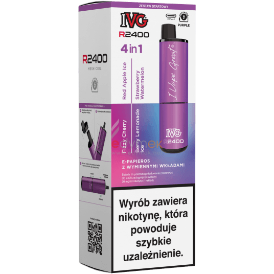 IVG 2400 rozłożony, mechanizm obrotowy vape, cztery kapsułki e-liquidu, jednorazowy e-papieros rewolwer - IVG 2400 Starter Kit Purple x 4 flavours - IVG 2400 / E-Papieros ...
