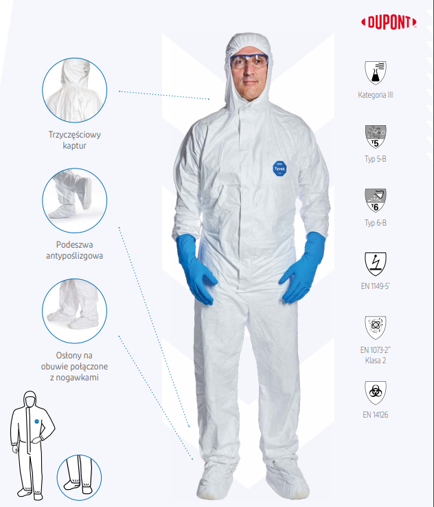sterylne laboratorium chemiczne, naukowiec w kombinezonie laboratoryjnym, kolby probówki reakcje chemiczne - Kombinezon laboratoryjny sterylny Tyvek ® 500 Labo roz. S ...