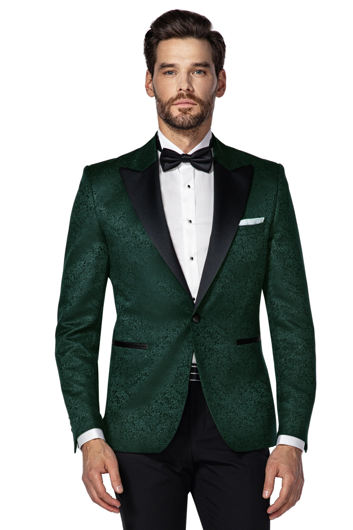 e-papieros w garniturze wesele, vape wedding outfit, modny mężczyzna w garniturze z e-papierosem - Smoking JULIUSZ, zielony żakard - eGARNITUR.pl -sklep internetowy