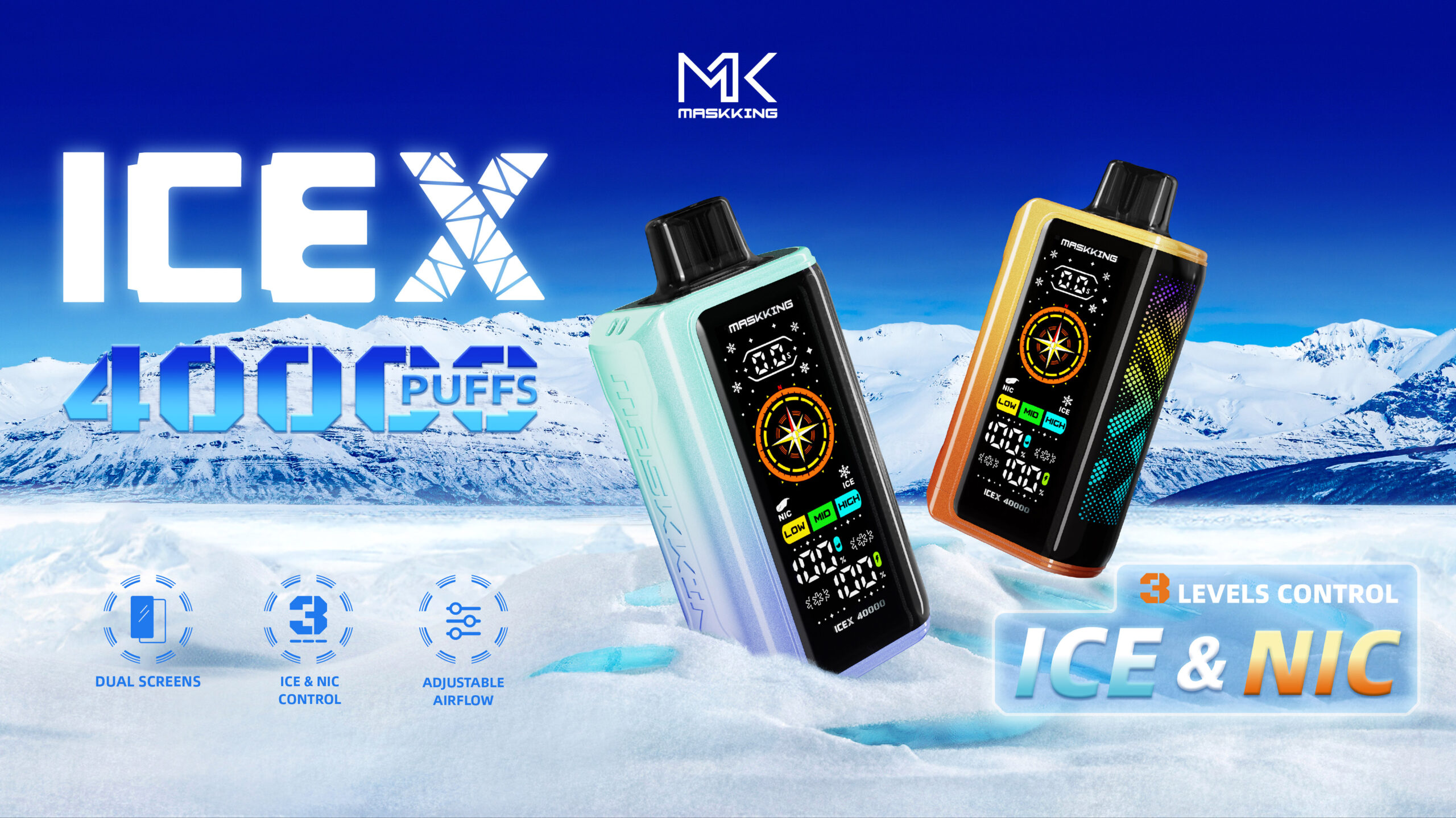Maskking ICEX e-papieros regulacja airflow, idealny MTL vaping, jednorazówka Maskking - Maskking ICEX 40000 Disposable,3-Levels ICE/NIC Control ...