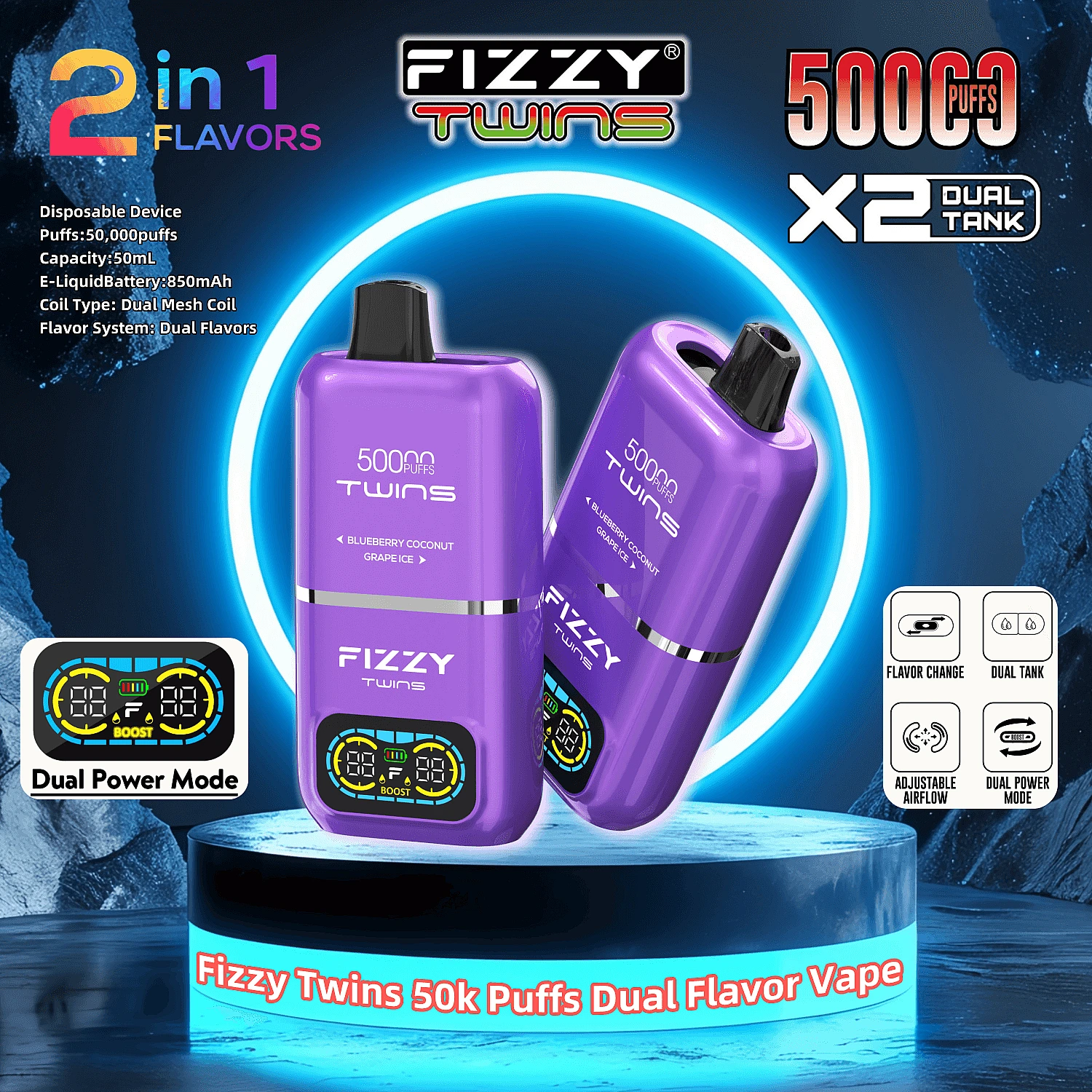Fizzy Twins Dwusmakowe 50000 Puffs vape, vape dwusmakowy, e-papieros z dwoma smakami, fizzy twins e-papieros - Fizzy Twins 50000 50 tys. zaciągnięć, podwójne smaki, jednorazowy ...