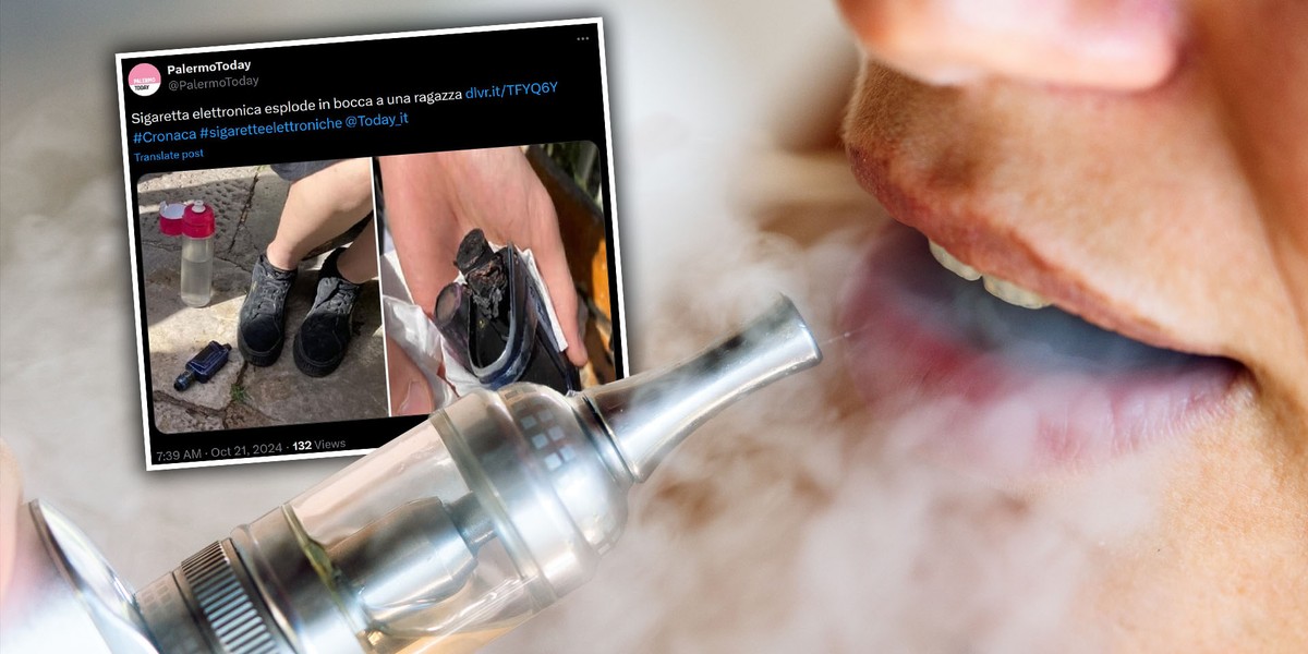 e-papieros tykająca bomba, vape wybuch zagrożenie, młoda osoba używająca vape w tle wybuchu - Makabra we Włoszech. E-papieros wybuchł w ustach 20-letniej ...