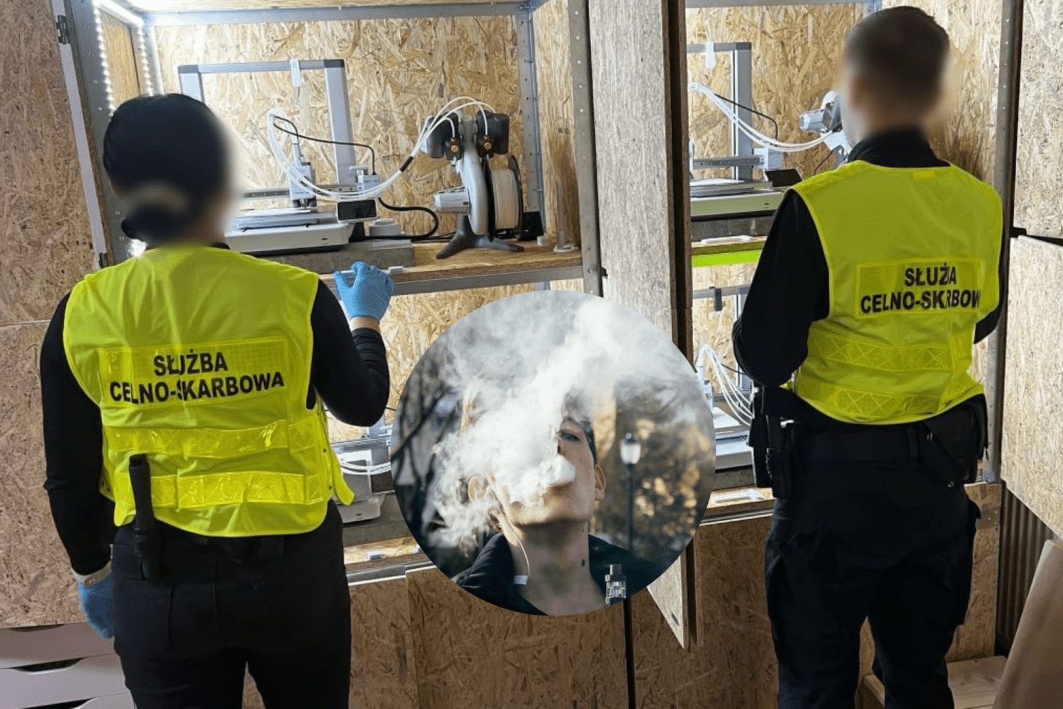 Grafika przedstawiająca rewolwer, z jednym nabojem w bębnie, a zamiast nabojów małe butelki liquidu do e-papierosów, symbolizująca ryzyko zdrowotne związane z nielegalnymi produktami.