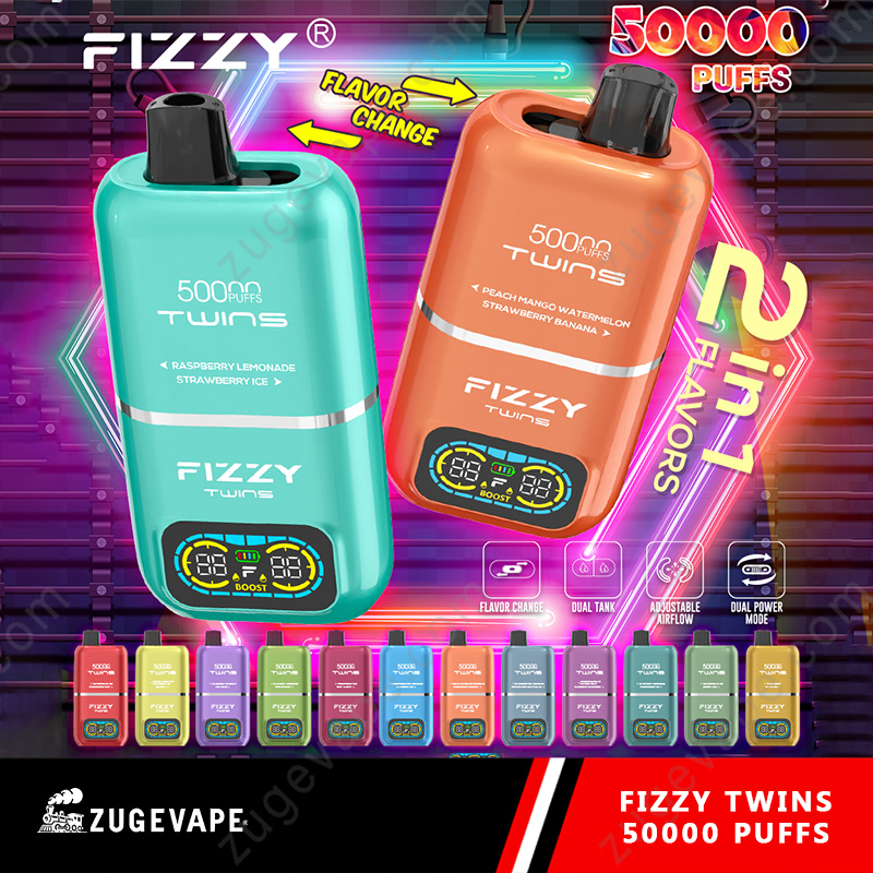 Zdjęcie przedstawiające e-papieros jednorazowy FIZZY TWINS 50000 z wyraźnie widocznym mechanizmem dwusmakowym lub dwoma zbiornikami na liquid.