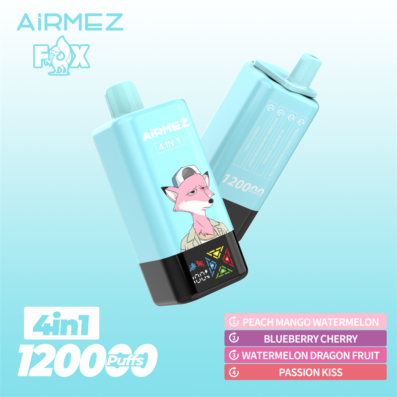 Zdjęcie lub ilustracja e-papierosa Airmez Fox 120K z wyraźnie widocznym obrotowym ustnikiem, sugerującym możliwość natychmiastowej zmiany czterech smaków.