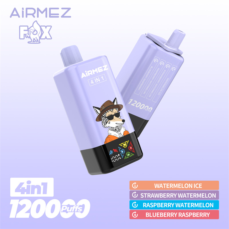Zdjęcie porównawcze dwóch e-papierosów jednorazowych: Airmez Fox 120K i Merrymi 120K, leżących obok siebie na stole.