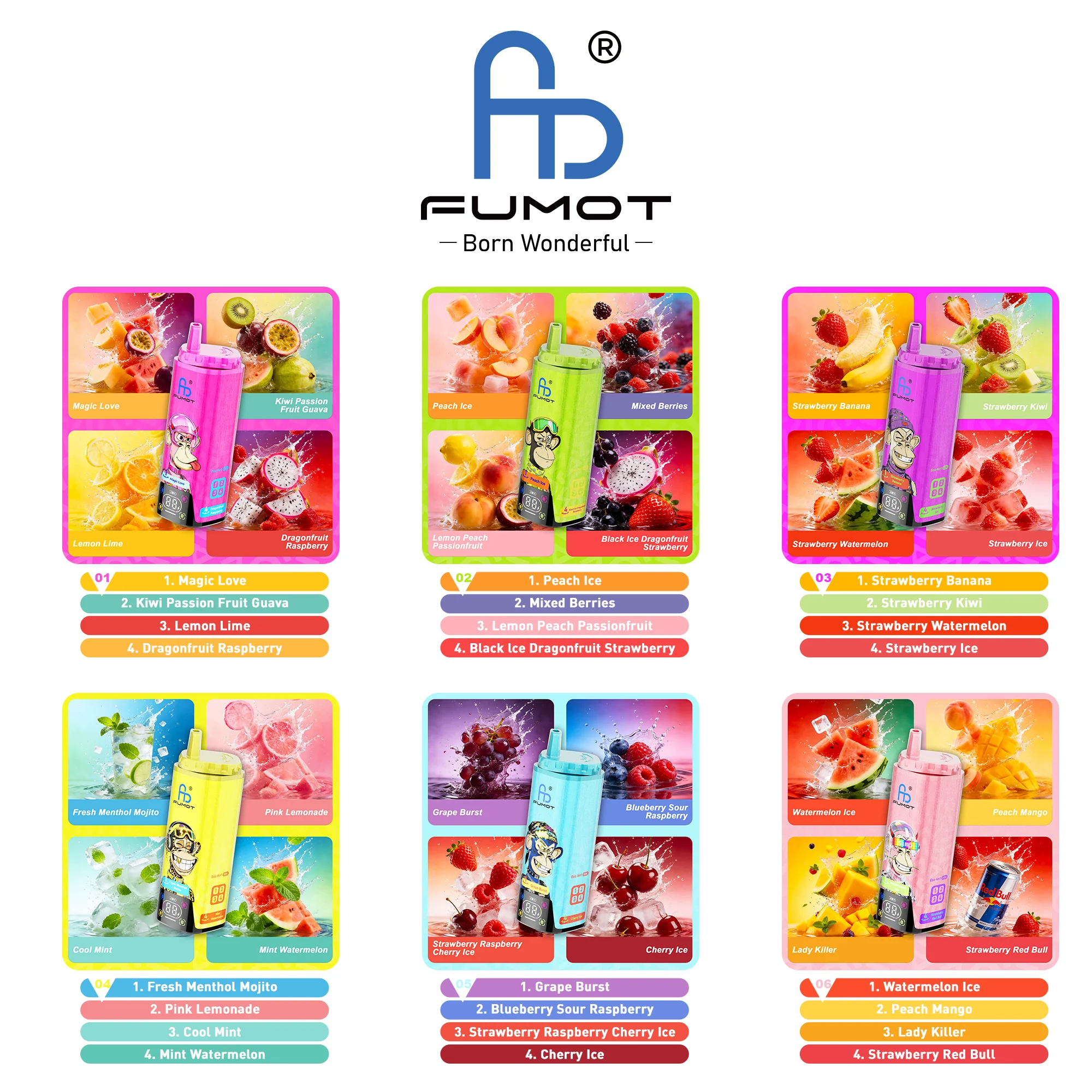 Fumot Eco 4in1 80K jednorazowy e-papieros - 80 000 zaciągnięć | 4 smaki w jednym urządzeniu - galeria smaków 1