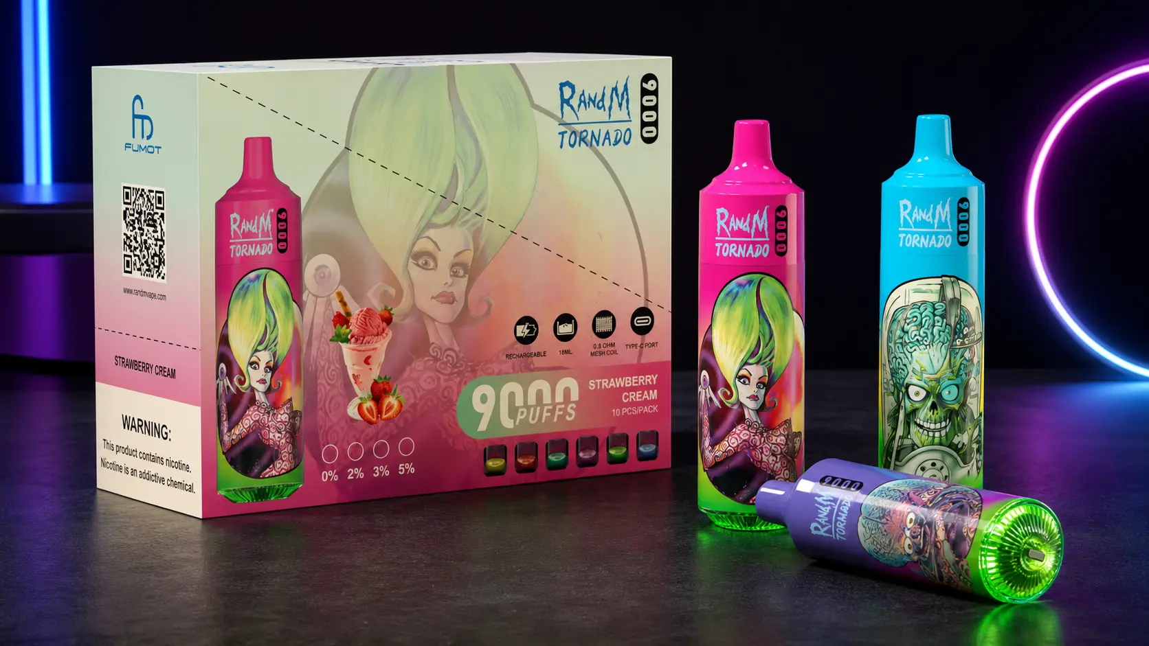 Fumot RandM Tornado 9000 Puffs opakowanie i urządzenie