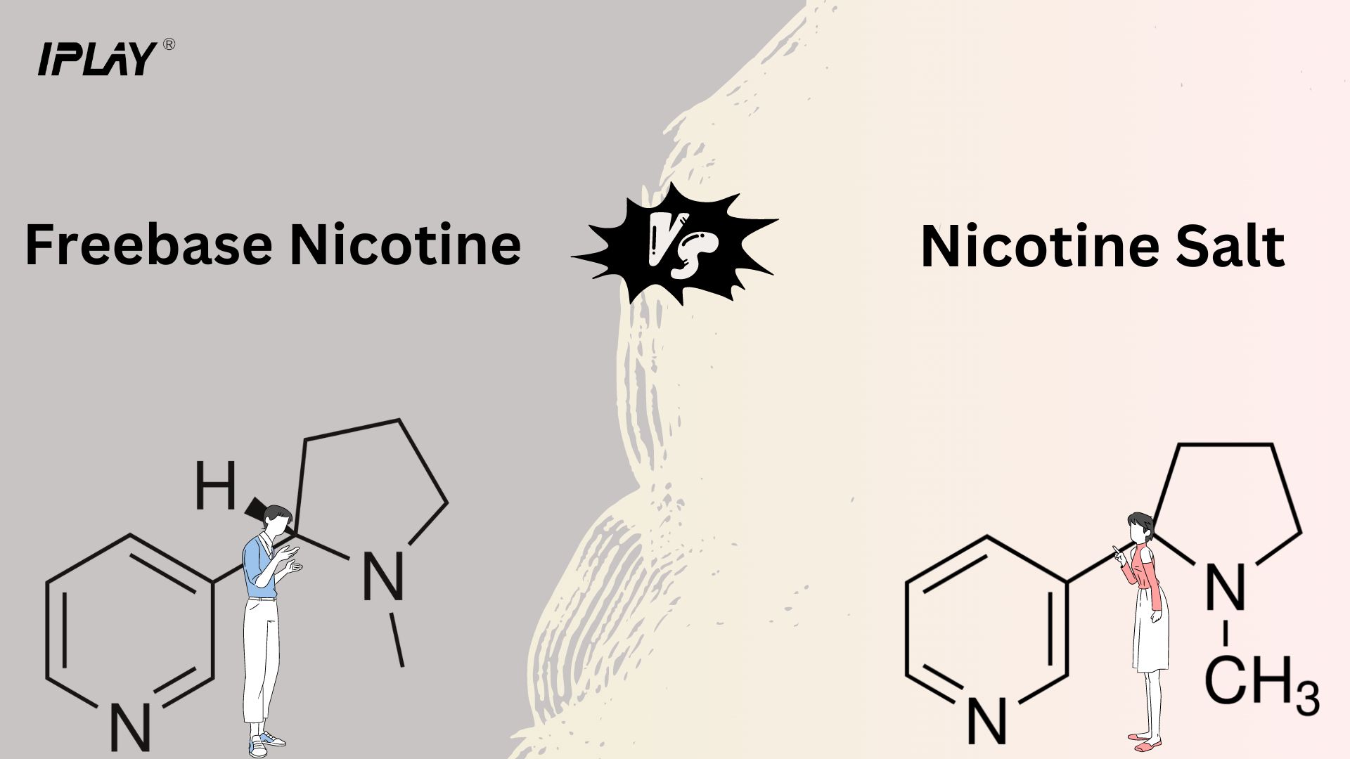 Infografika lub diagram porównujący strukturę chemiczną wolnej zasady nikotyny i soli nikotynowej, wraz ze wskazaniem różnic w wartości pH i kinetyce wchłaniania przez organizm.