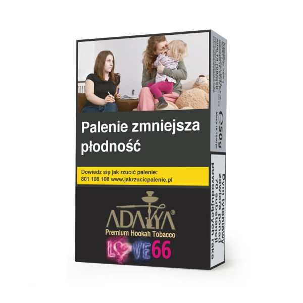 Opakowanie tytoniu Adalya Love 66 do fajki wodnej z gęstym dymem w tle, symbolizujące legendarny aromat.